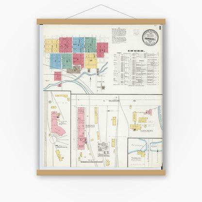 Old map wall art mockup — magnetic wood frame on white wall — Sanborn Fire Insurance Map from Marshall, Calhoun County, Michigan (1906), Sheet #0001