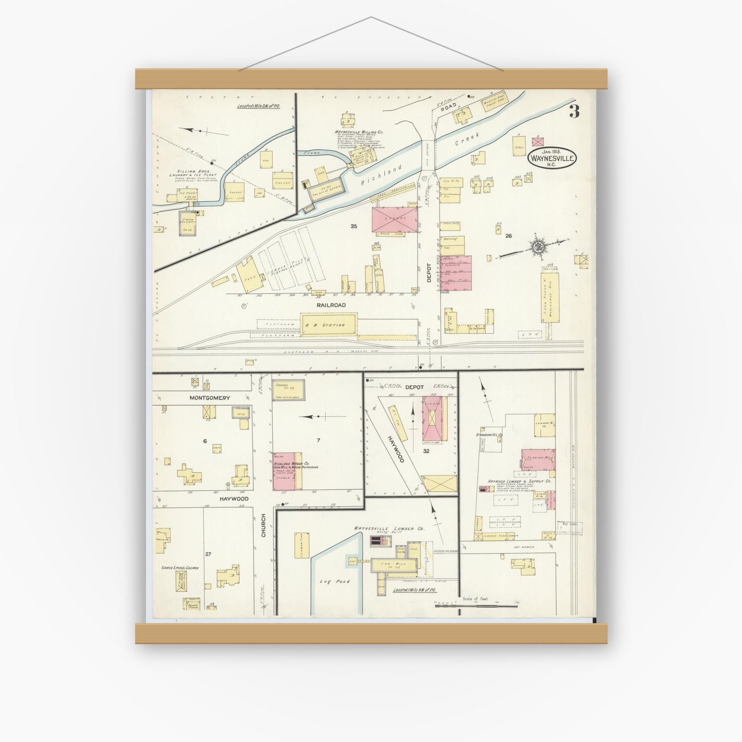 Old map wall art mockup — magnetic wood frame on white wall — Sanborn Fire Insurance Map from Waynesville, Haywood County, North Carolina (1913), Sheet #0003