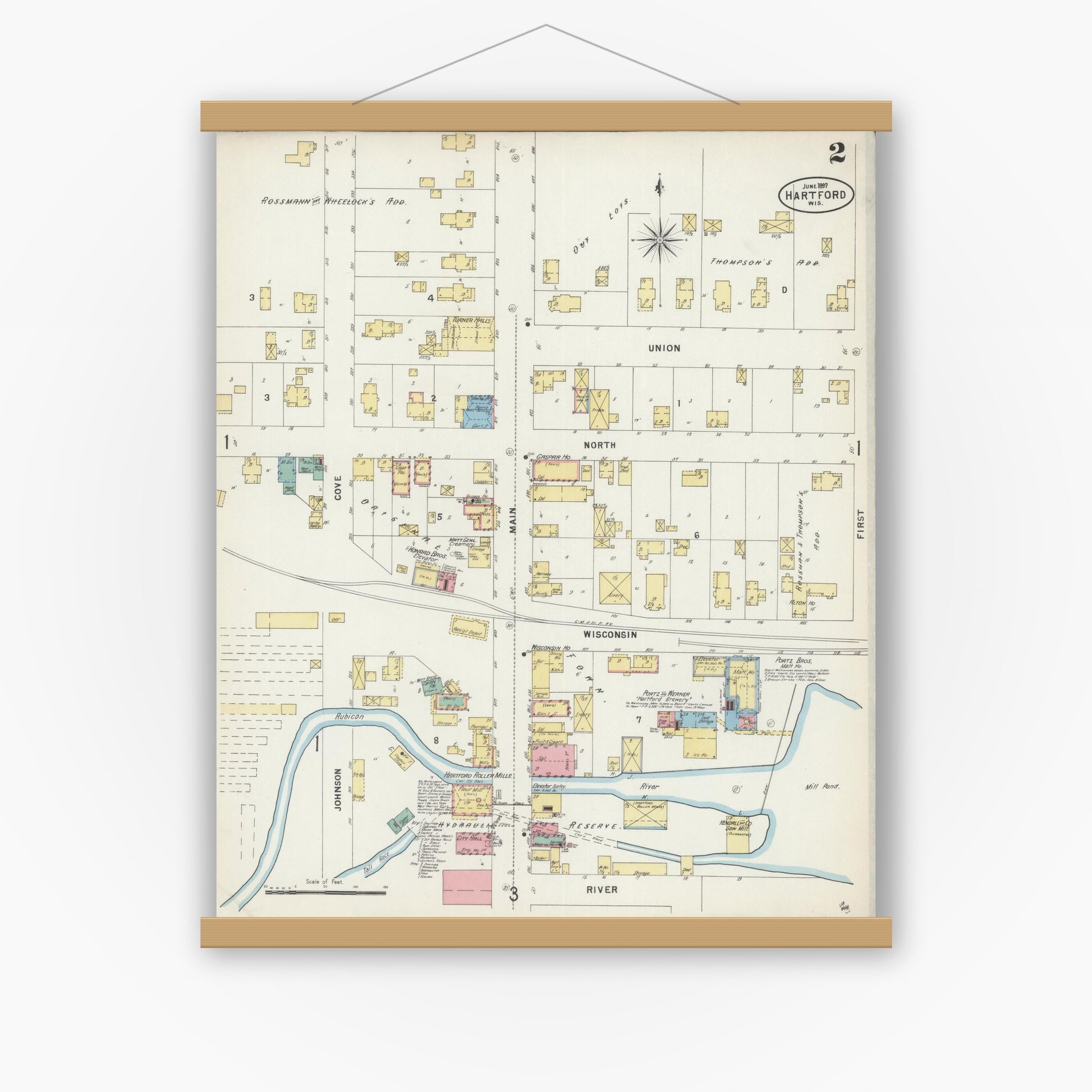 Old map wall art mockup — magnetic wood frame on white wall — Sanborn Fire Insurance Map from Hartford, Washington County, Wisconsin (1897), Sheet #0002