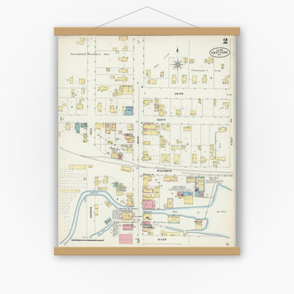 Old map wall art mockup — magnetic wood frame on white wall — Sanborn Fire Insurance Map from Hartford, Washington County, Wisconsin (1897), Sheet #0002