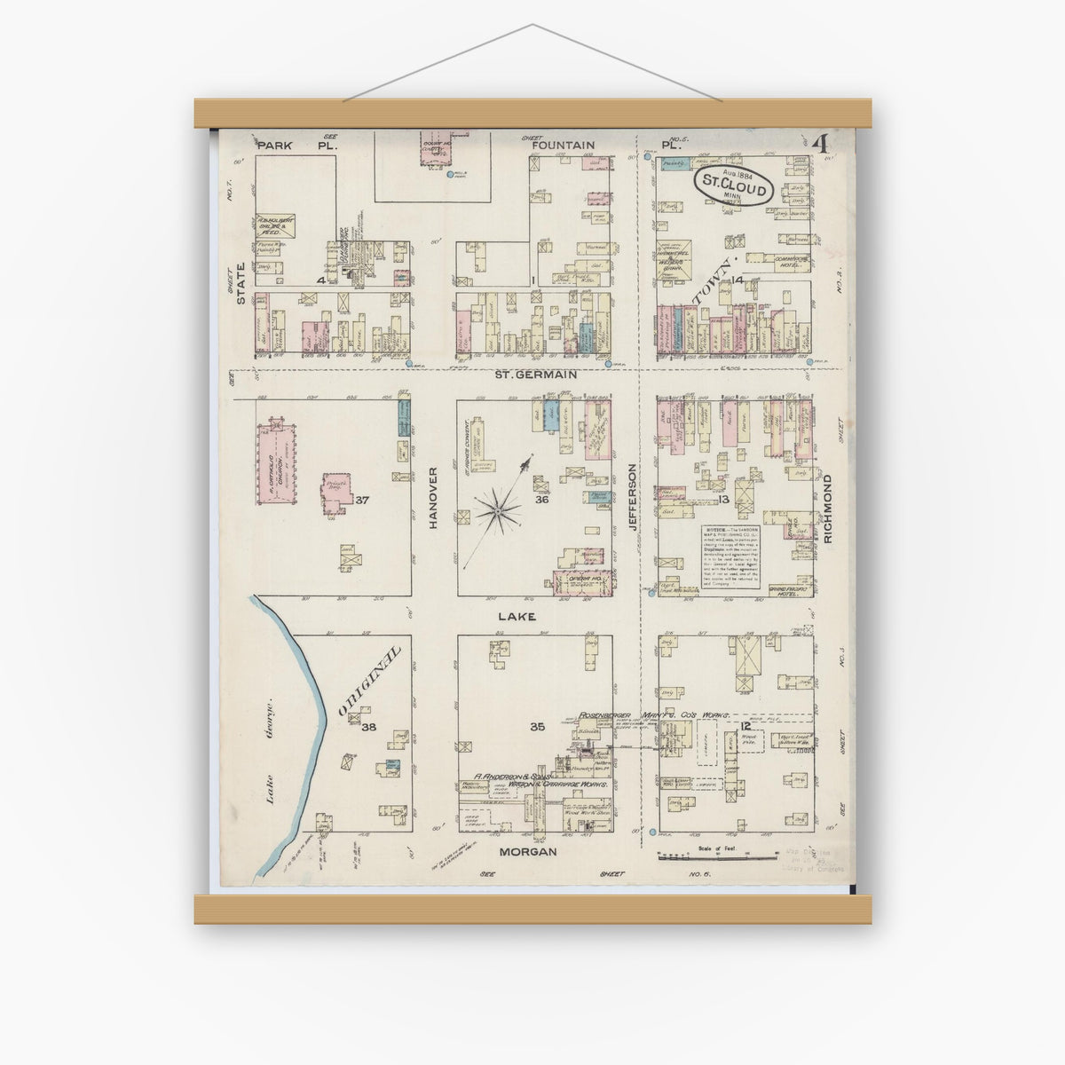 Old map wall art mockup — magnetic wood frame on white wall — Sanborn Fire Insurance Map from Saint Cloud, Stearns, Benton, and Sherburne Counties, Minnesota (1884), Sheet #0004