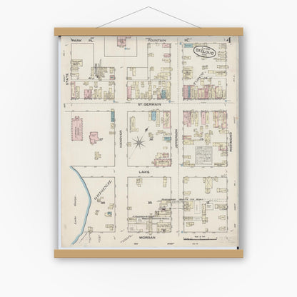 Old map wall art mockup — magnetic wood frame on white wall — Sanborn Fire Insurance Map from Saint Cloud, Stearns, Benton, and Sherburne Counties, Minnesota (1884), Sheet #0004