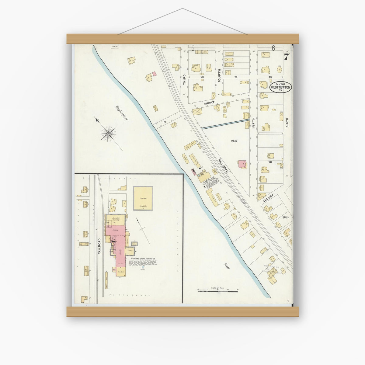 Old map wall art mockup — magnetic wood frame on white wall — Sanborn Fire Insurance Map from West Newton, Westmoreland County, Pennsylvania (1905), Sheet #0007
