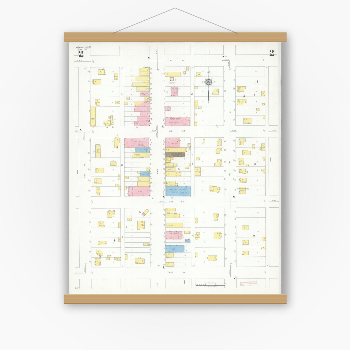 Old map wall art mockup — magnetic wood frame on white wall — Sanborn Fire Insurance Map from Adrian, Nobles County, Minnesota (1937), Sheet #0002