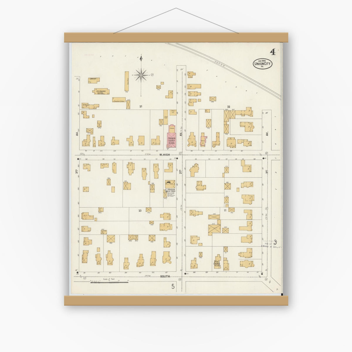 Old map wall art mockup — magnetic wood frame on white wall — Sanborn Fire Insurance Map from Union City, Erie County, Pennsylvania (1900), Sheet #0004