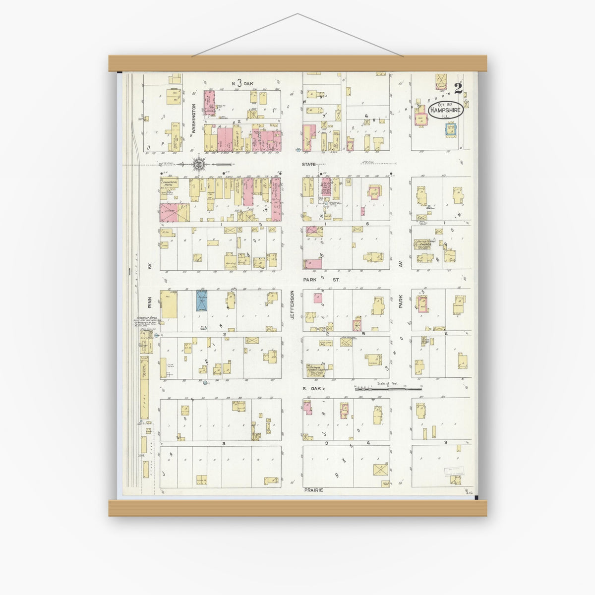 Old map wall art mockup — magnetic wood frame on white wall — Sanborn Fire Insurance Map from Hampshire, Kane County, Illinois (1912), Sheet #0002