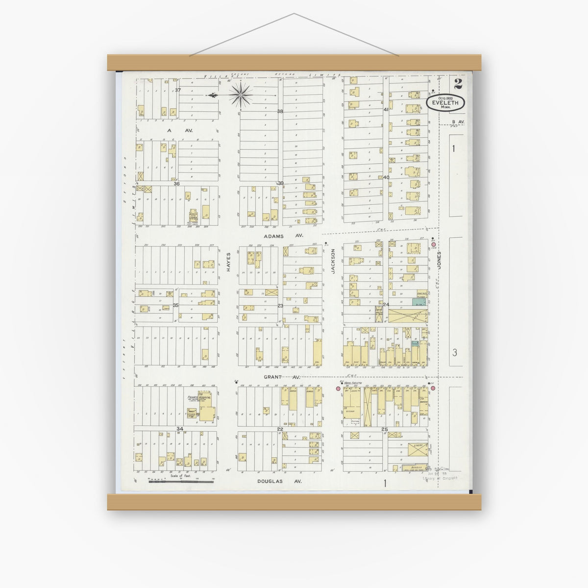 Old map wall art mockup — magnetic wood frame on white wall — Sanborn Fire Insurance Map from Eveleth, Saint Louis County, Minnesota (1900), Sheet #0002