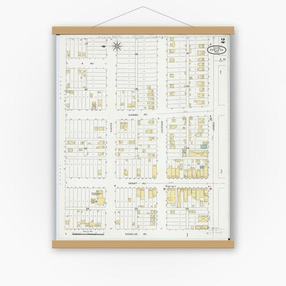 Old map wall art mockup — magnetic wood frame on white wall — Sanborn Fire Insurance Map from Eveleth, Saint Louis County, Minnesota (1900), Sheet #0002