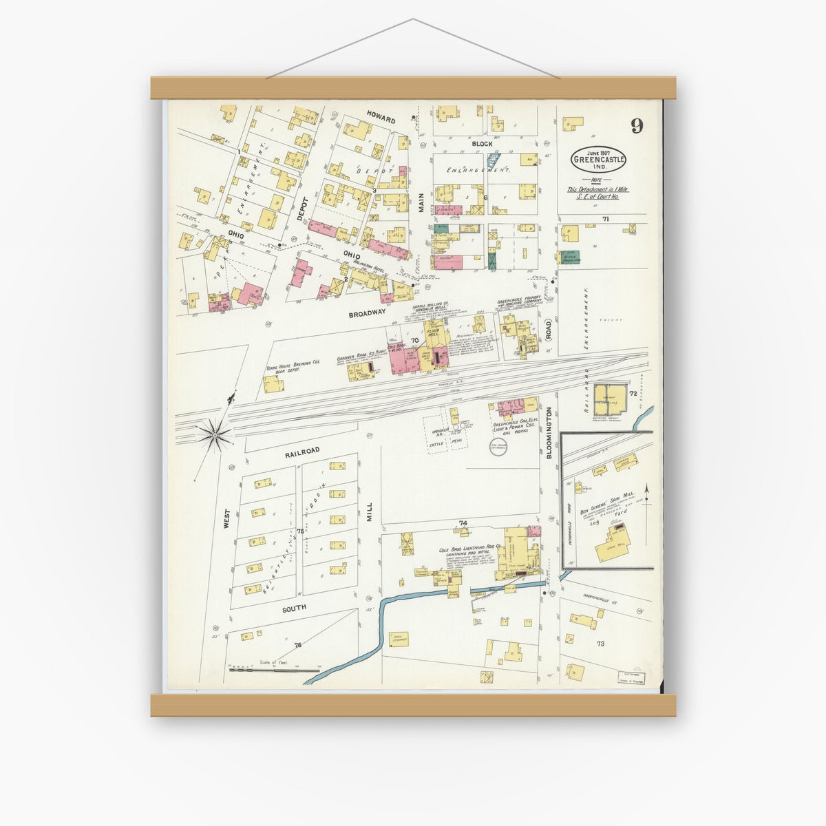Old map wall art mockup — magnetic wood frame on white wall — Sanborn Fire Insurance Map from Greencastle, Putnam County, Indiana (1907), Sheet #0009