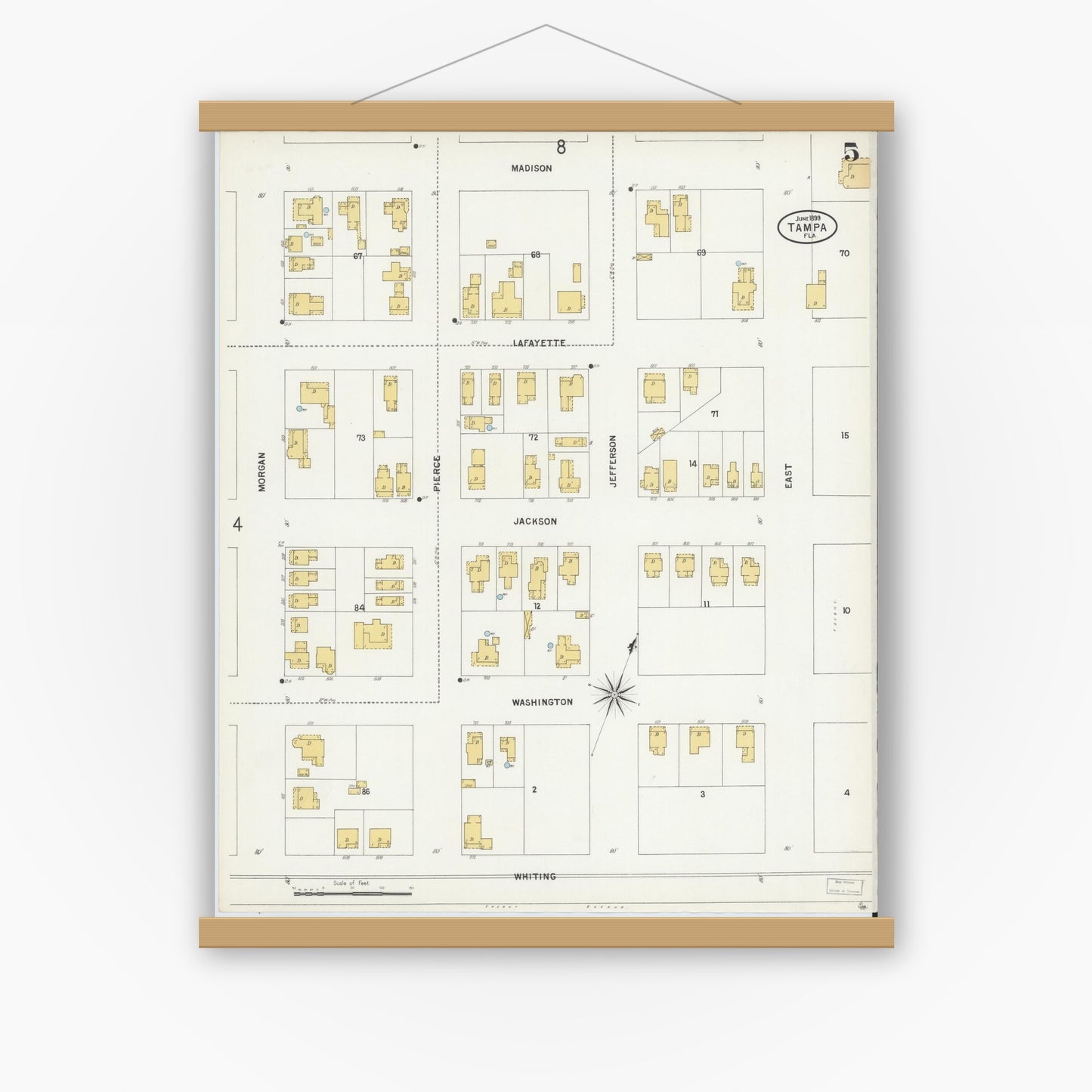 Old map wall art mockup — magnetic wood frame on white wall — Sanborn Fire Insurance Map from Tampa, Hillsborough County, Florida (1899), Sheet #0005