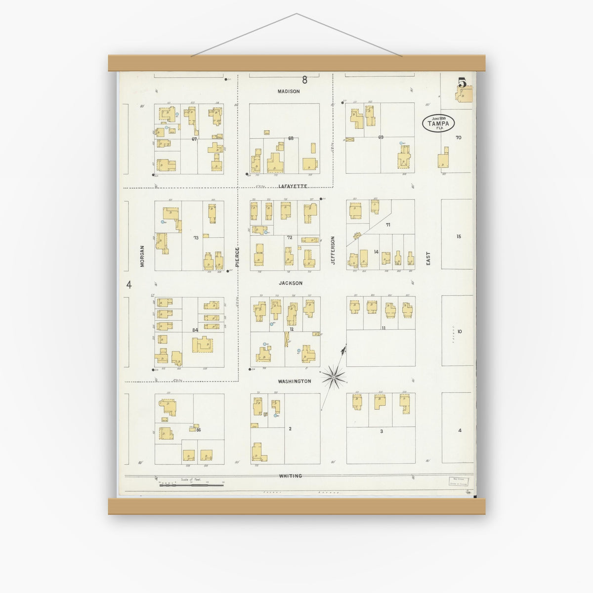 Old map wall art mockup — magnetic wood frame on white wall — Sanborn Fire Insurance Map from Tampa, Hillsborough County, Florida (1899), Sheet #0005