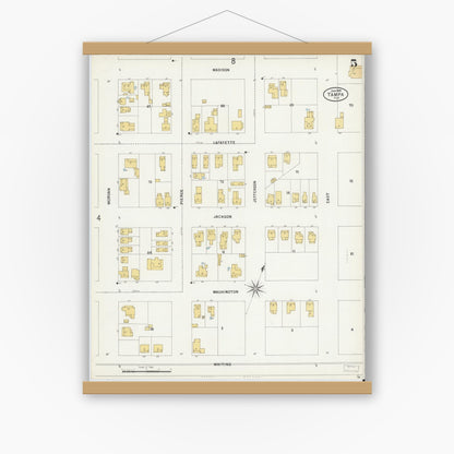 Old map wall art mockup — magnetic wood frame on white wall — Sanborn Fire Insurance Map from Tampa, Hillsborough County, Florida (1899), Sheet #0005