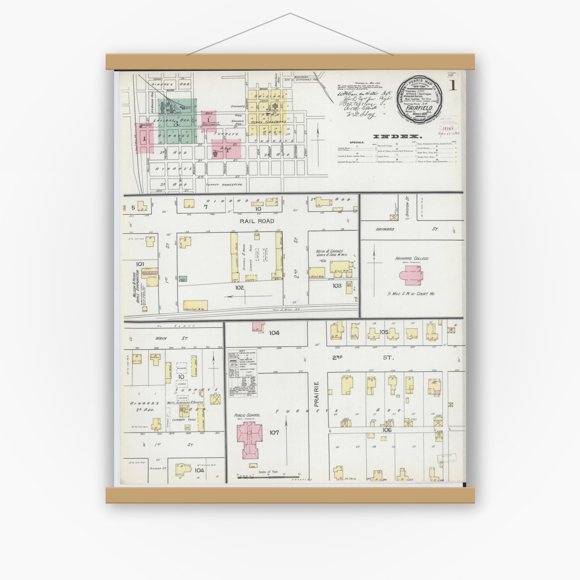 Old map wall art mockup — magnetic wood frame on white wall — Sanborn Fire Insurance Map from Fairfield, Wayne County, Illinois (1893) - Complete Map Set