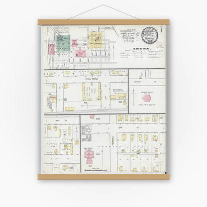 Old map wall art mockup — magnetic wood frame on white wall — Sanborn Fire Insurance Map from Fairfield, Wayne County, Illinois (1893) - Complete Map Set