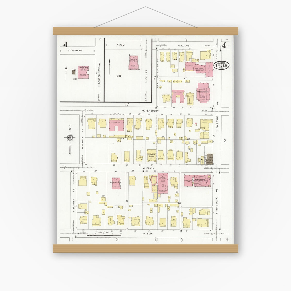 Old map wall art mockup — magnetic wood frame on white wall — Sanborn Fire Insurance Map from Tyler, Smith County, Texas (1928), Sheet #0004
