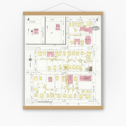Old map wall art mockup — magnetic wood frame on white wall — Sanborn Fire Insurance Map from Tyler, Smith County, Texas (1928), Sheet #0004
