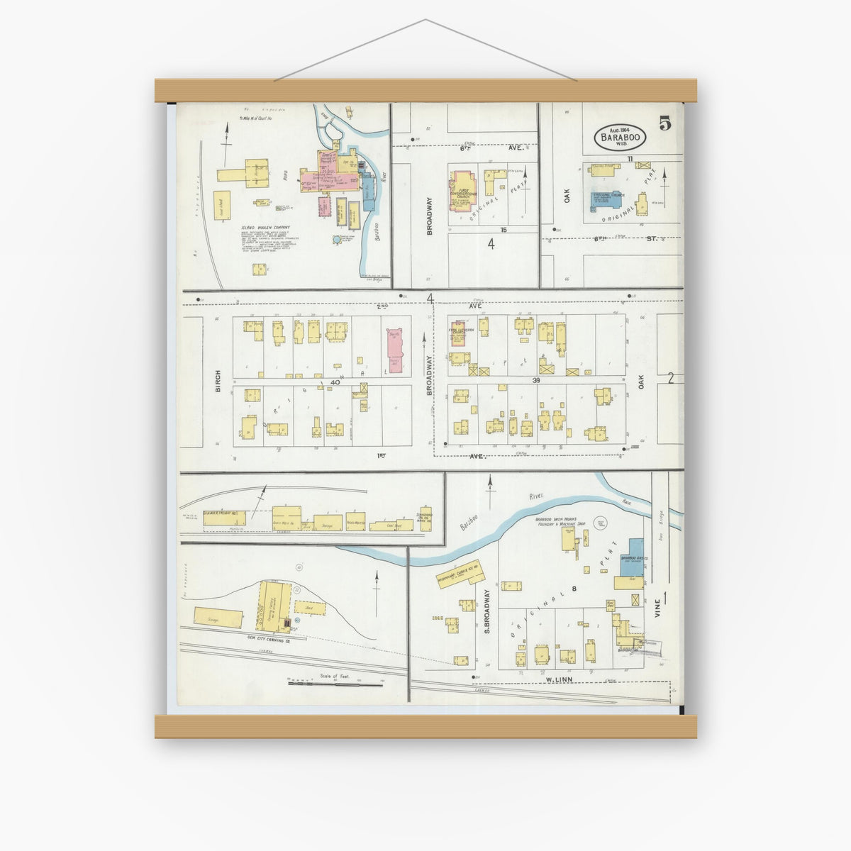 Old map wall art mockup — magnetic wood frame on white wall — Sanborn Fire Insurance Map from Baraboo, Sauk County, Wisconsin (1904), Sheet #0005