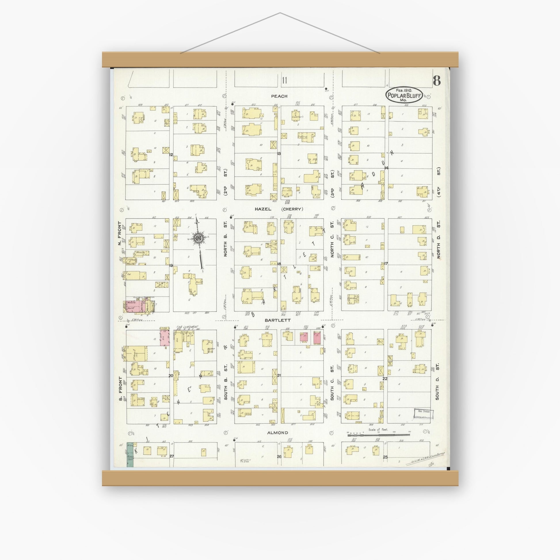 Old map wall art mockup — magnetic wood frame on white wall — Sanborn Fire Insurance Map from Poplar Bluff, Butler County, Missouri (1910), Sheet #0008