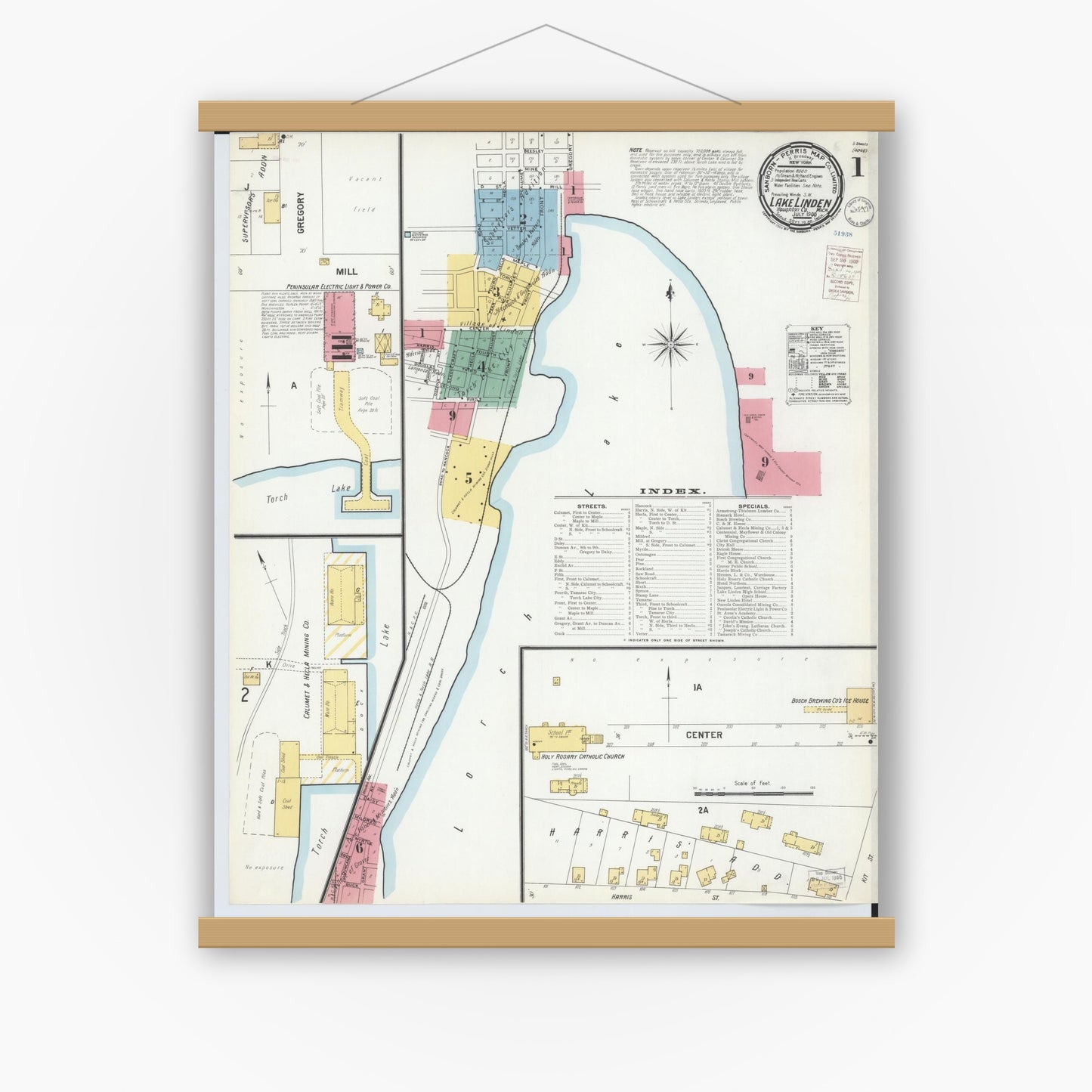 Old map wall art mockup — magnetic wood frame on white wall — Sanborn Fire Insurance Map from Lake Linden, Houghton County, Michigan (1900) - Complete Map Set