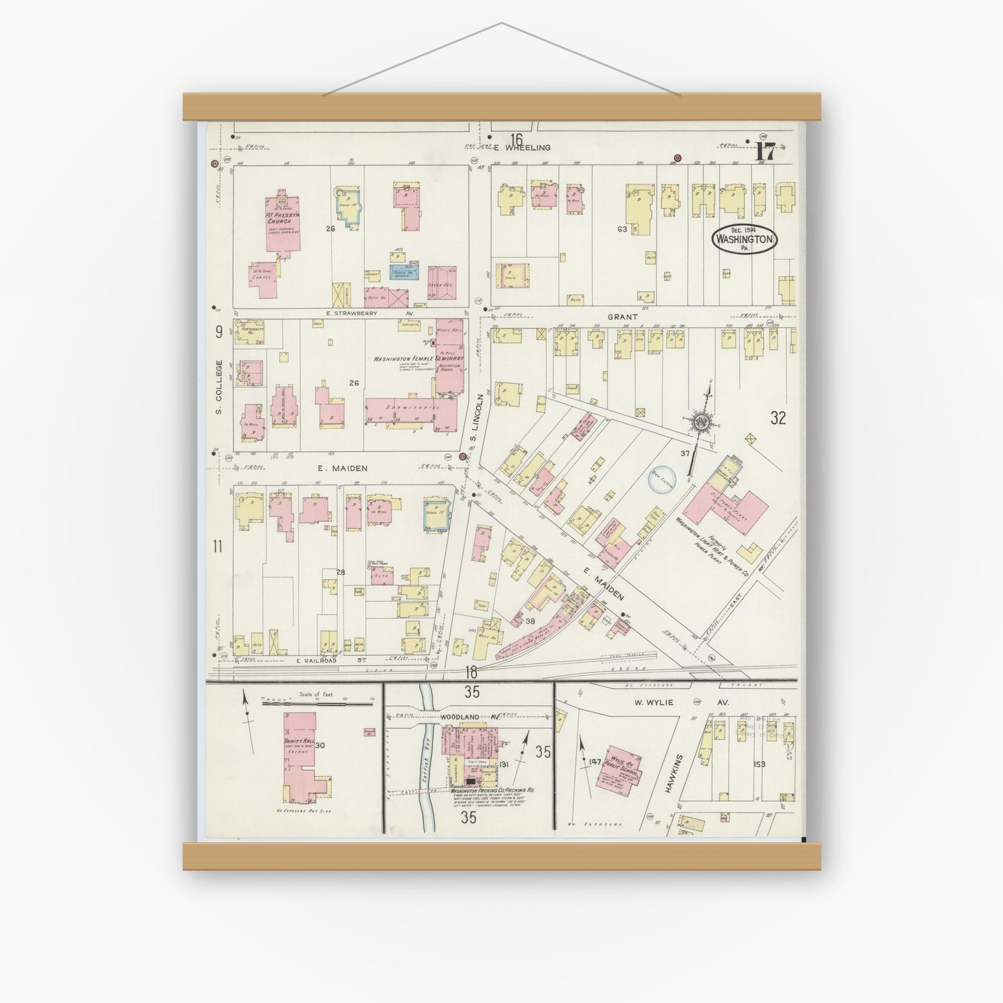Old map wall art mockup — magnetic wood frame on white wall — Sanborn Fire Insurance Map from Washington, Washington County, Pennsylvania (1914), Sheet #0017
