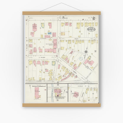 Old map wall art mockup — magnetic wood frame on white wall — Sanborn Fire Insurance Map from Washington, Washington County, Pennsylvania (1914), Sheet #0017