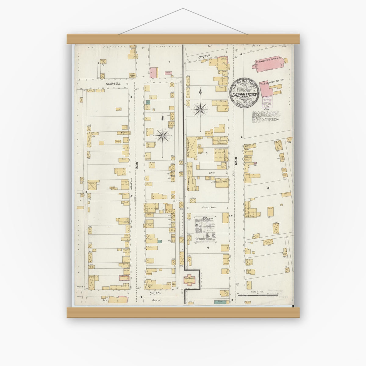 Old map wall art mockup — magnetic wood frame on white wall — Sanborn Fire Insurance Map from Carrolltown, Cambria County, Pennsylvania (1903), Sheet #0001