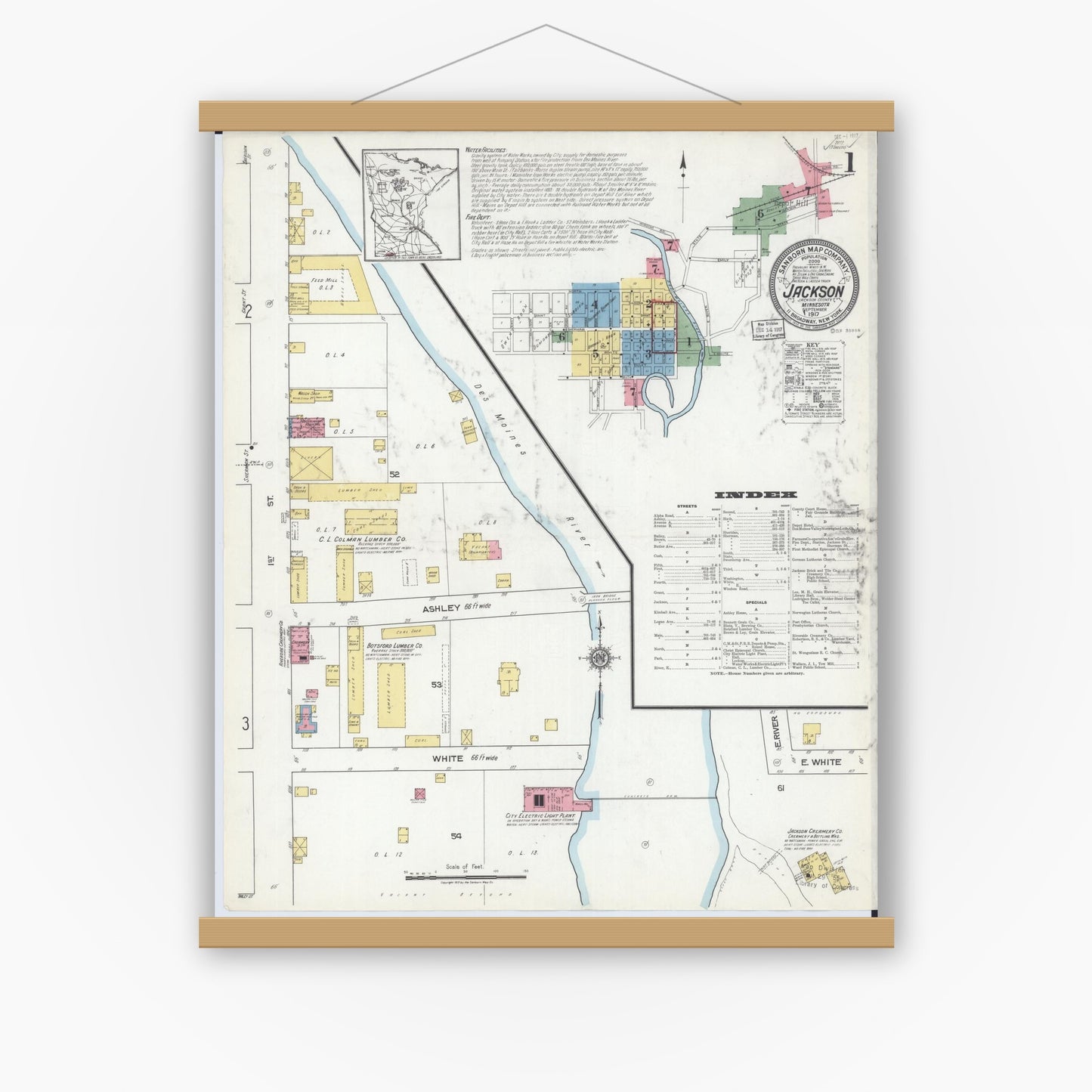 Old map wall art mockup — magnetic wood frame on white wall — Sanborn Fire Insurance Map from Jackson, Jackson County, Minnesota (1917) - Complete Map Set
