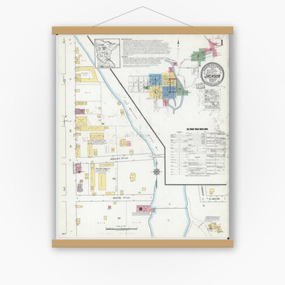 Old map wall art mockup — magnetic wood frame on white wall — Sanborn Fire Insurance Map from Jackson, Jackson County, Minnesota (1917) - Complete Map Set
