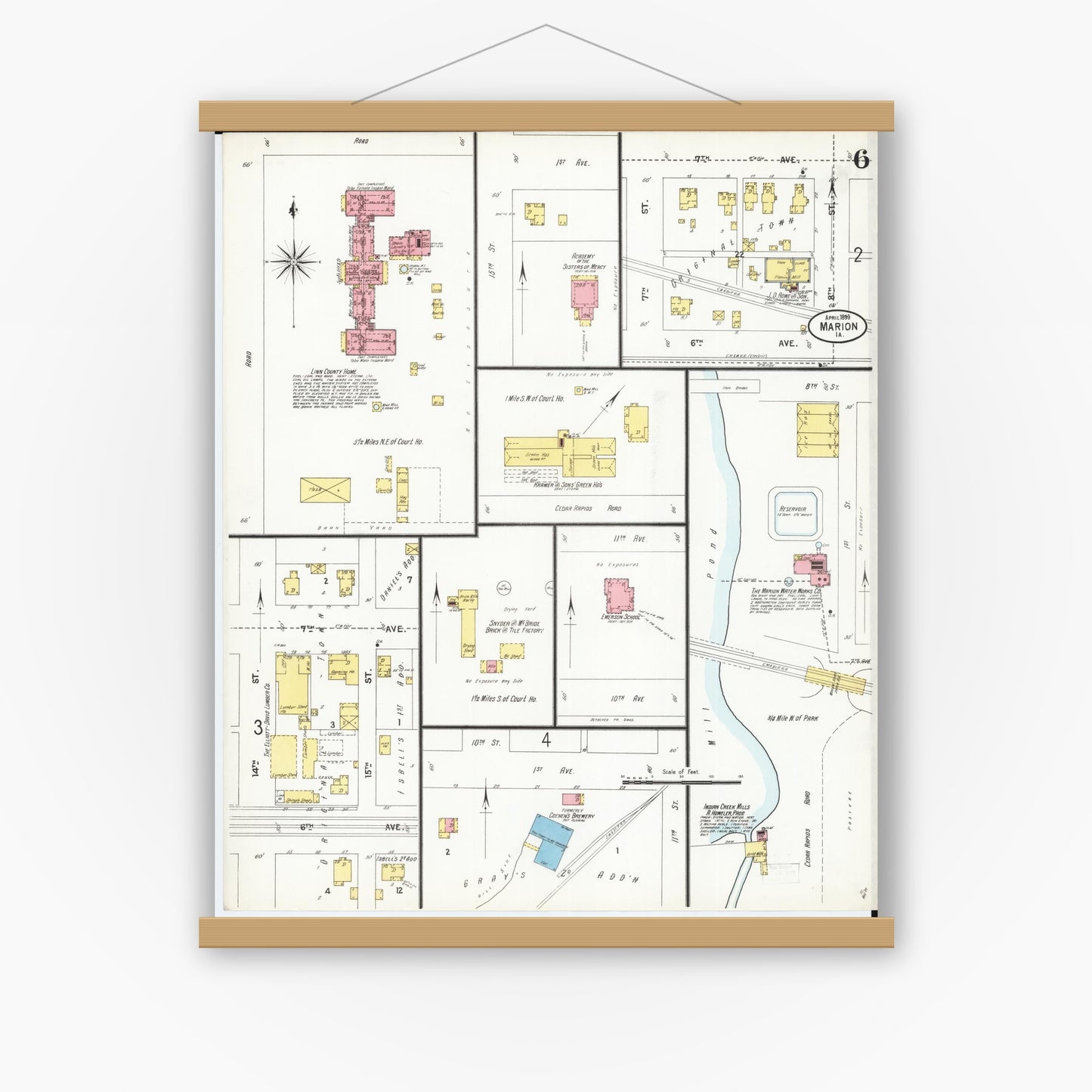 Old map wall art mockup — magnetic wood frame on white wall — Sanborn Fire Insurance Map from Marion, Linn County, Iowa (1899), Sheet #0006
