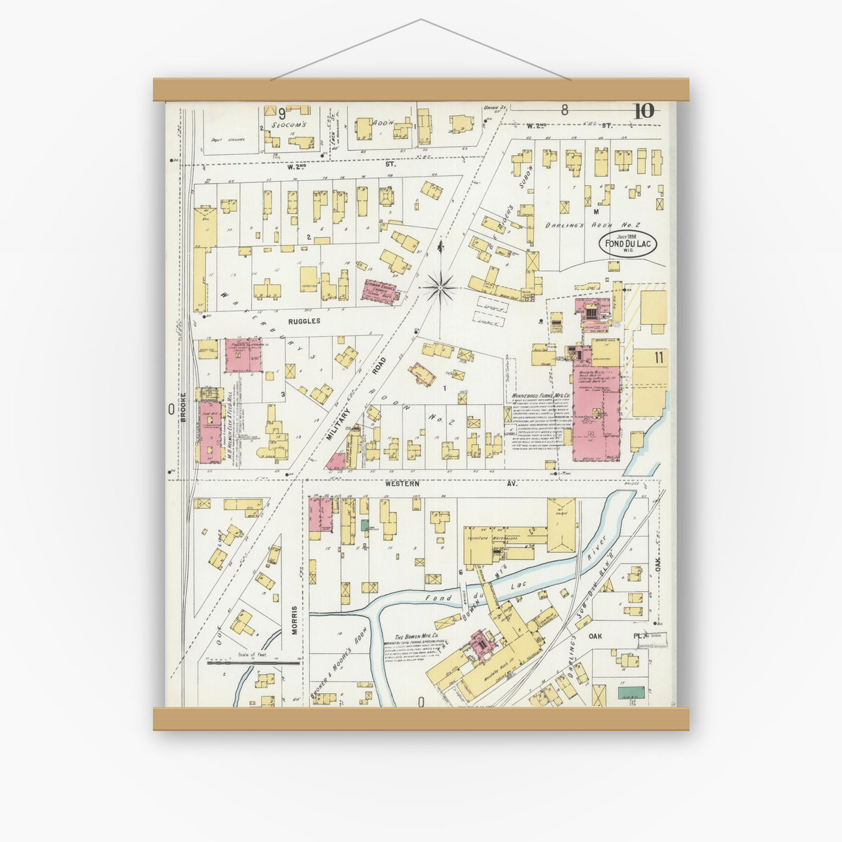 Old map wall art mockup — magnetic wood frame on white wall — Sanborn Fire Insurance Map from Fond du Lac, Fond du Lac County, Wisconsin (1898), Sheet #0010