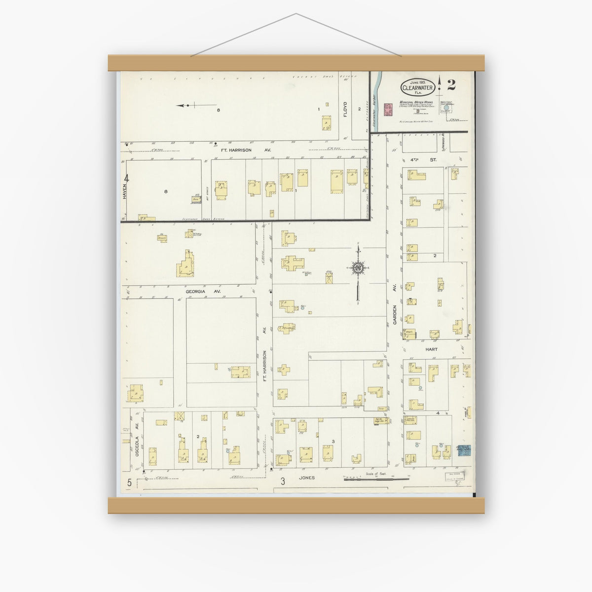 Old map wall art mockup — magnetic wood frame on white wall — Sanborn Fire Insurance Map from Clearwater, Pinellas County, Florida (1913), Sheet #0002