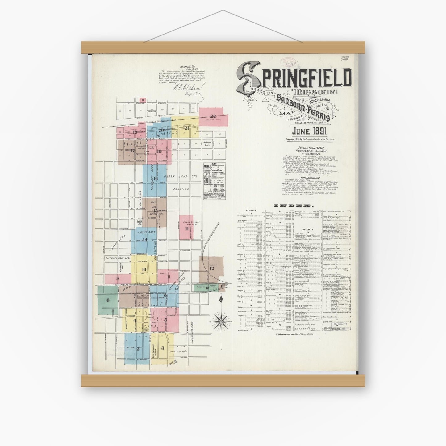 Old map wall art mockup — magnetic wood frame on white wall — Sanborn Fire Insurance Map from Springfield, Greene County, Missouri (1891), Sheet #0001