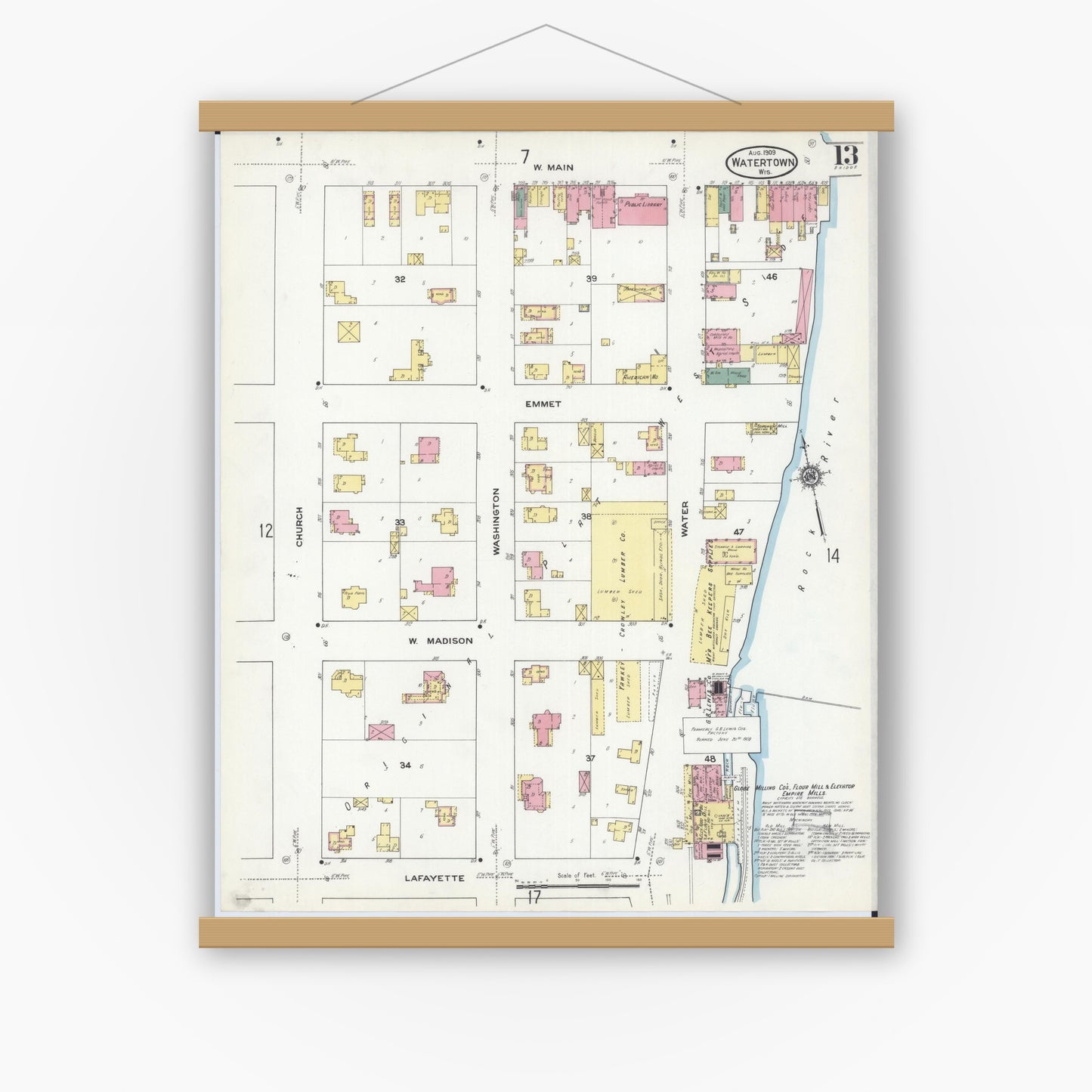 Old map wall art mockup — magnetic wood frame on white wall — Sanborn Fire Insurance Map from Watertown, Jefferson County, Wisconsin (1909), Sheet #0013