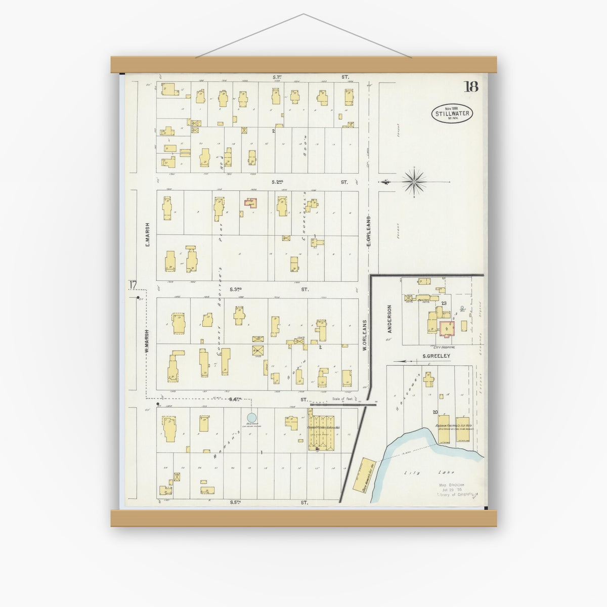 Old map wall art mockup — magnetic wood frame on white wall — Sanborn Fire Insurance Map from Stillwater, Washington County, Minnesota (1898), Sheet #0018
