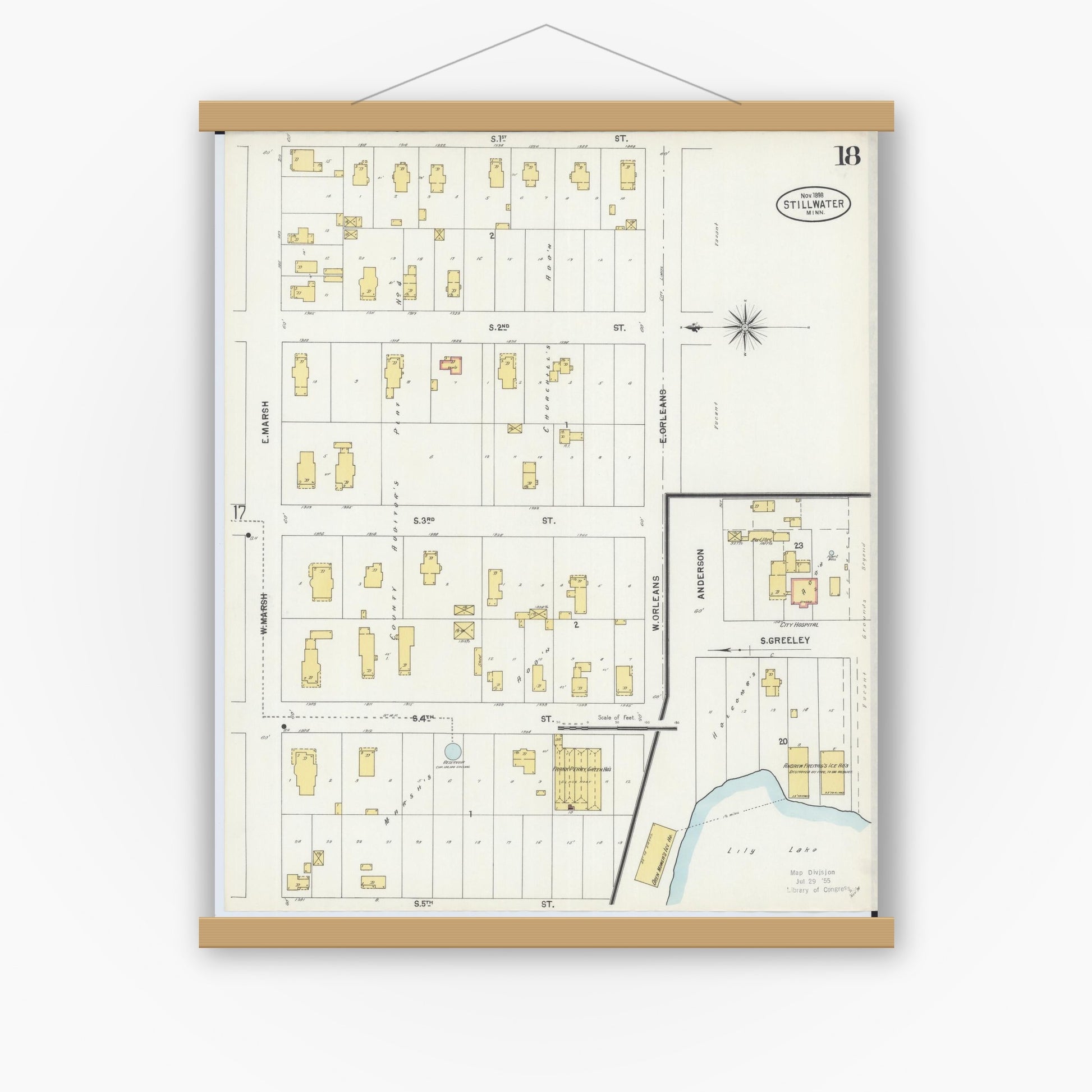 Old map wall art mockup — magnetic wood frame on white wall — Sanborn Fire Insurance Map from Stillwater, Washington County, Minnesota (1898), Sheet #0018