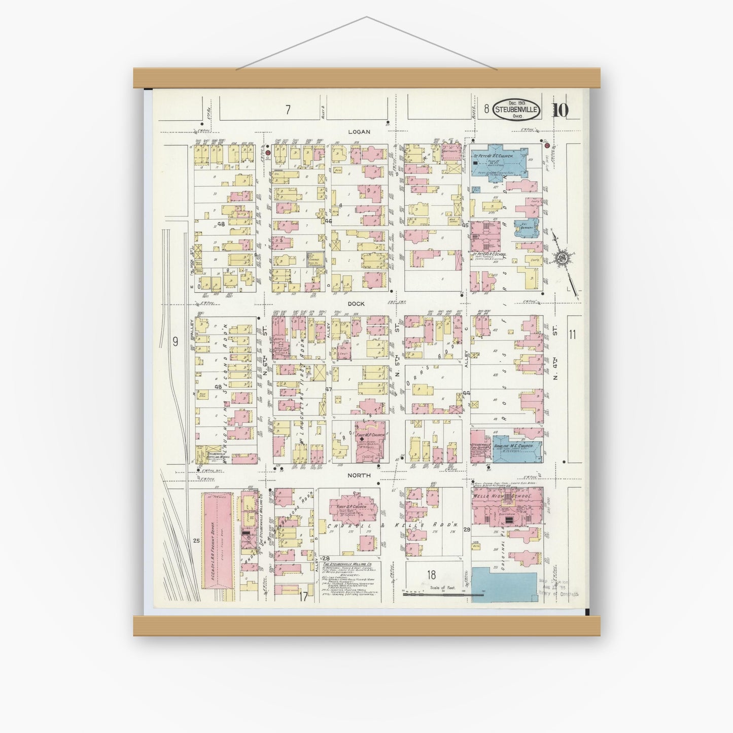 Old map wall art mockup — magnetic wood frame on white wall — Sanborn Fire Insurance Map from Steubenville, Jefferson County, Ohio (1913), Sheet #0010