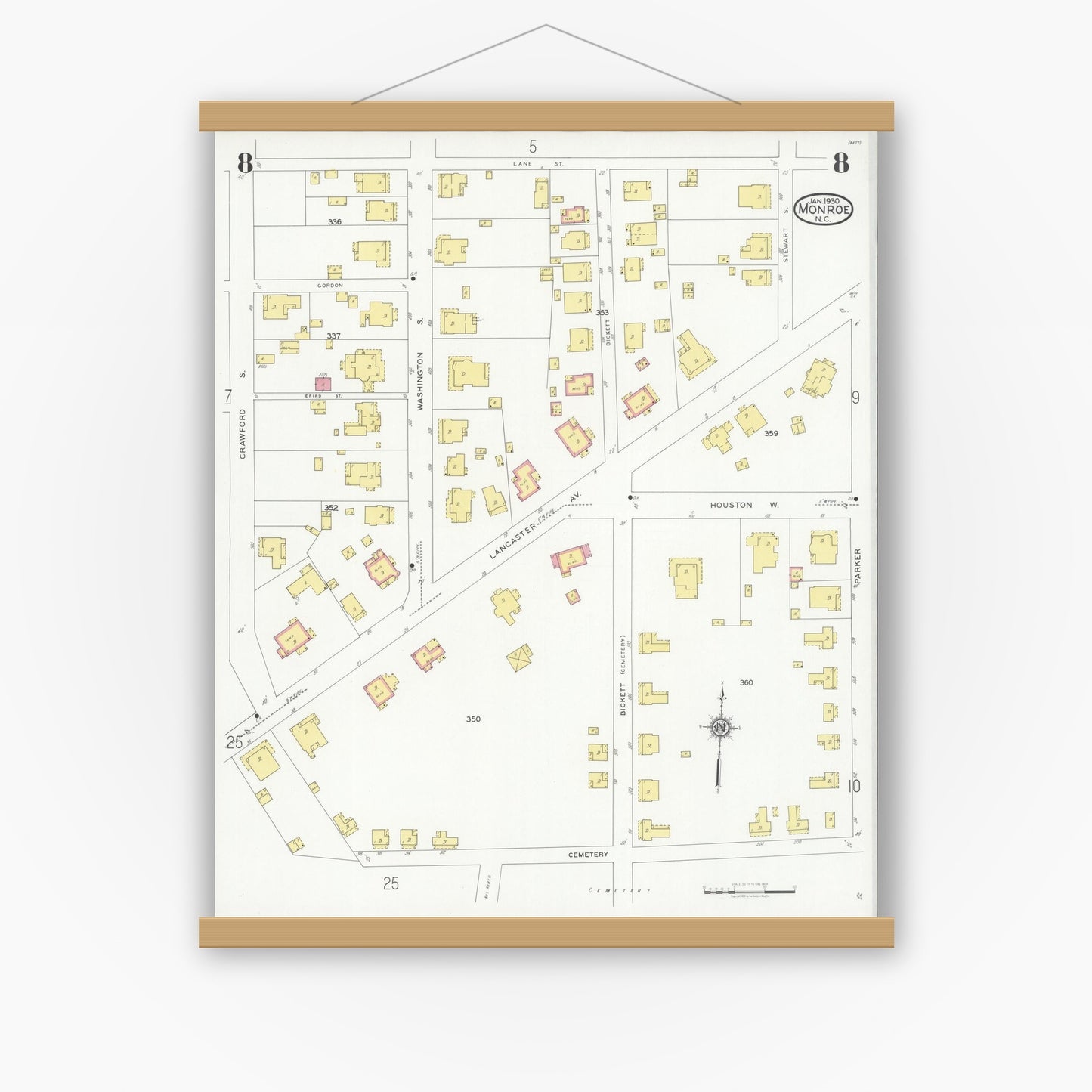 Old map wall art mockup — magnetic wood frame on white wall — Sanborn Fire Insurance Map from Monroe, Union County, North Carolina (1930), Sheet #0008