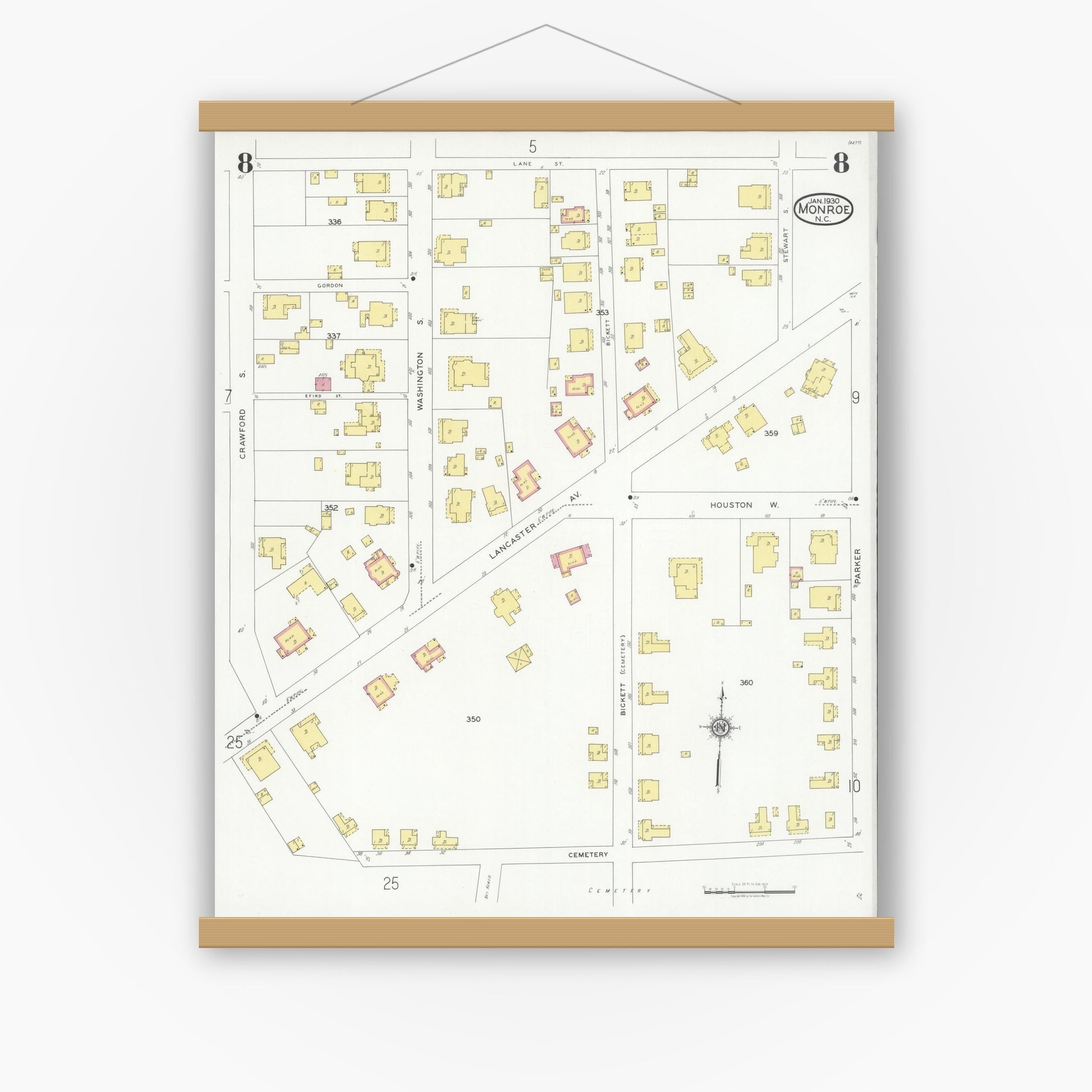 Old map wall art mockup — magnetic wood frame on white wall — Sanborn Fire Insurance Map from Monroe, Union County, North Carolina (1930), Sheet #0008