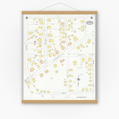 Old map wall art mockup — magnetic wood frame on white wall — Sanborn Fire Insurance Map from Monroe, Union County, North Carolina (1930), Sheet #0008