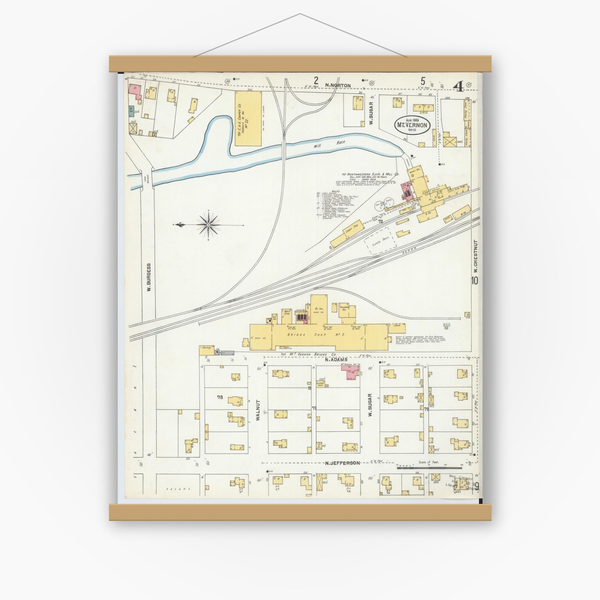Old map wall art mockup — magnetic wood frame on white wall — Sanborn Fire Insurance Map from Mount Vernon, Knox County, Ohio (1903), Sheet #0004
