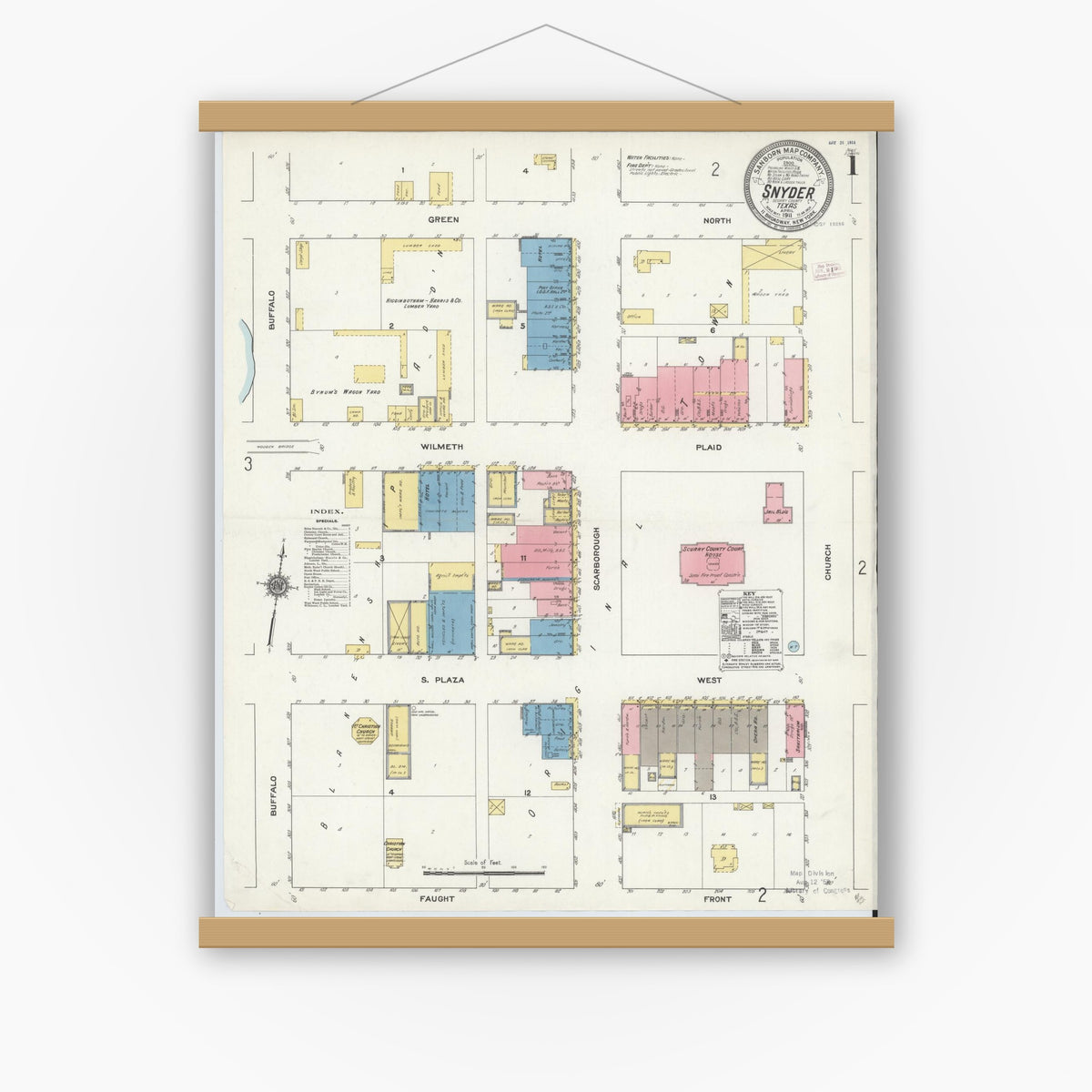 Old map wall art mockup — magnetic wood frame on white wall — Sanborn Fire Insurance Map from Snyder, Scurry County, Texas (1911) - Complete Map Set