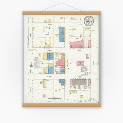 Old map wall art mockup — magnetic wood frame on white wall — Sanborn Fire Insurance Map from Snyder, Scurry County, Texas (1911) - Complete Map Set