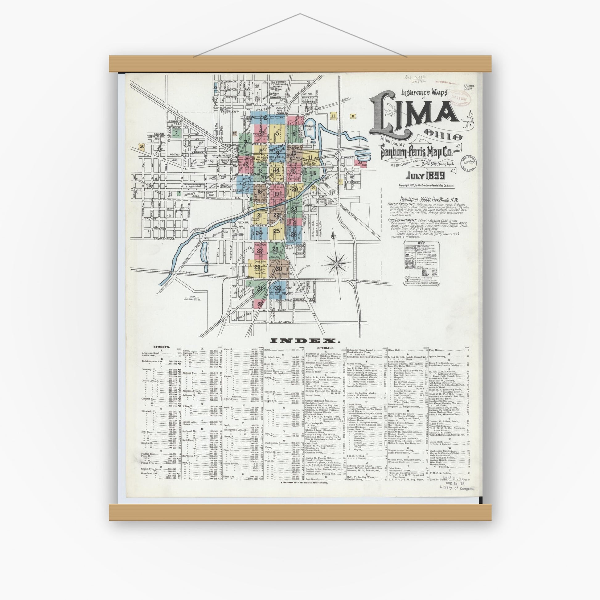 Old map wall art mockup — magnetic wood frame on white wall — Sanborn Fire Insurance Map from Lima, Allen County, Ohio (1899) - Complete Map Set