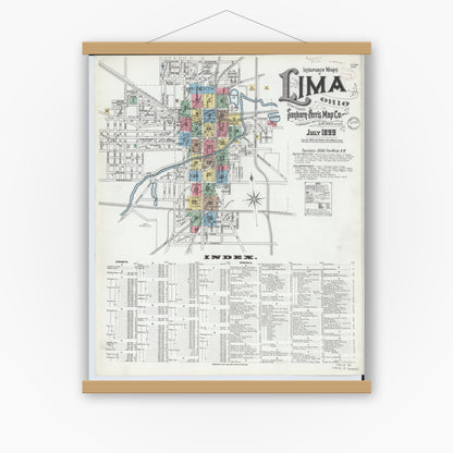 Old map wall art mockup — magnetic wood frame on white wall — Sanborn Fire Insurance Map from Lima, Allen County, Ohio (1899) - Complete Map Set