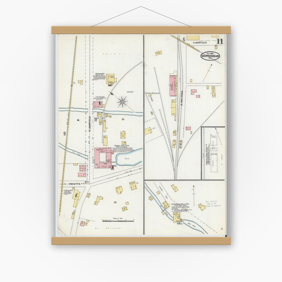 Old map wall art mockup — magnetic wood frame on white wall — Sanborn Fire Insurance Map from Shippensburg, Cumberland And Franklin Counties, Pennsylvania (1904), Sheet #0011