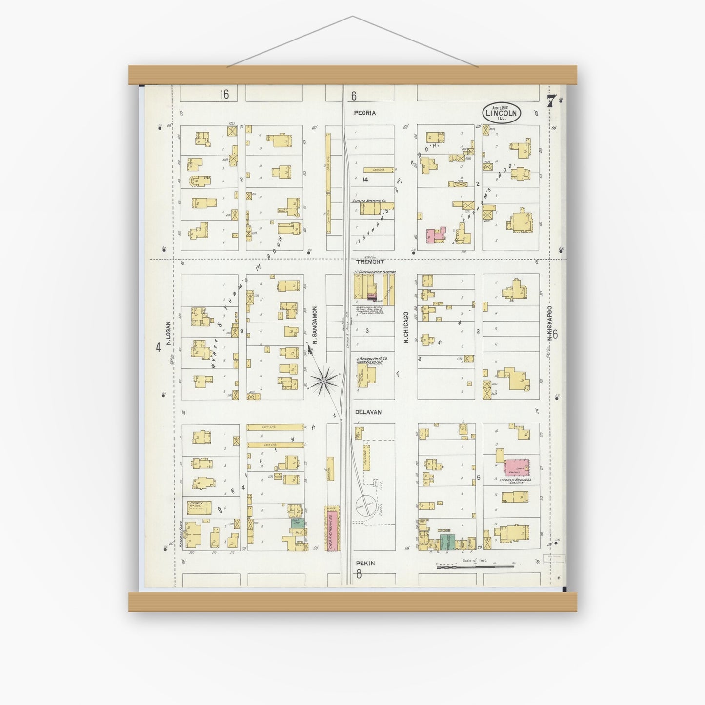 Old map wall art mockup — magnetic wood frame on white wall — Sanborn Fire Insurance Map from Lincoln, Logan County, Illinois (1902), Sheet #0007