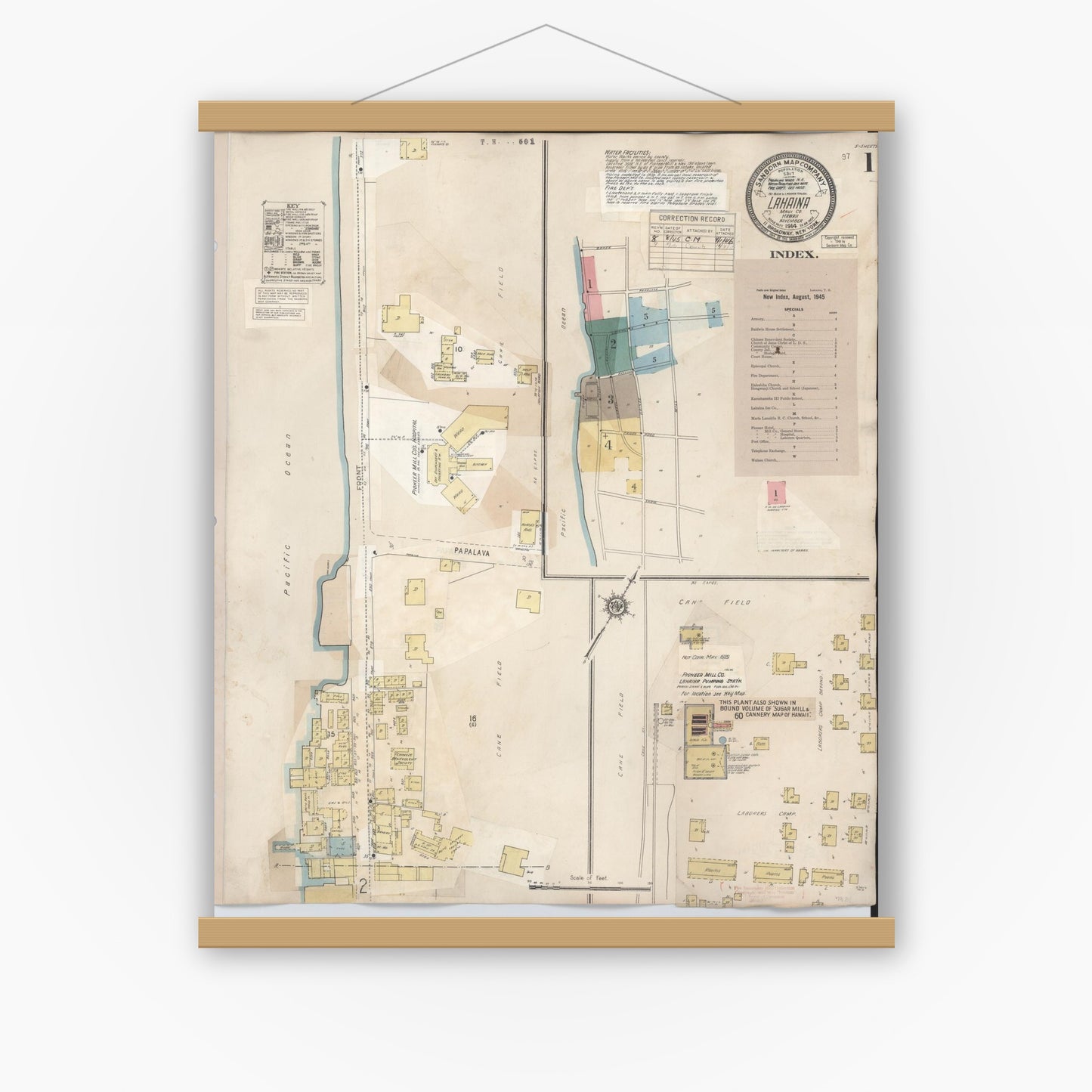 Old map wall art mockup — magnetic wood frame on white wall — Sanborn Fire Insurance Map from Lahaina, Maui County, Hawaii (1950) - Complete Map Set
