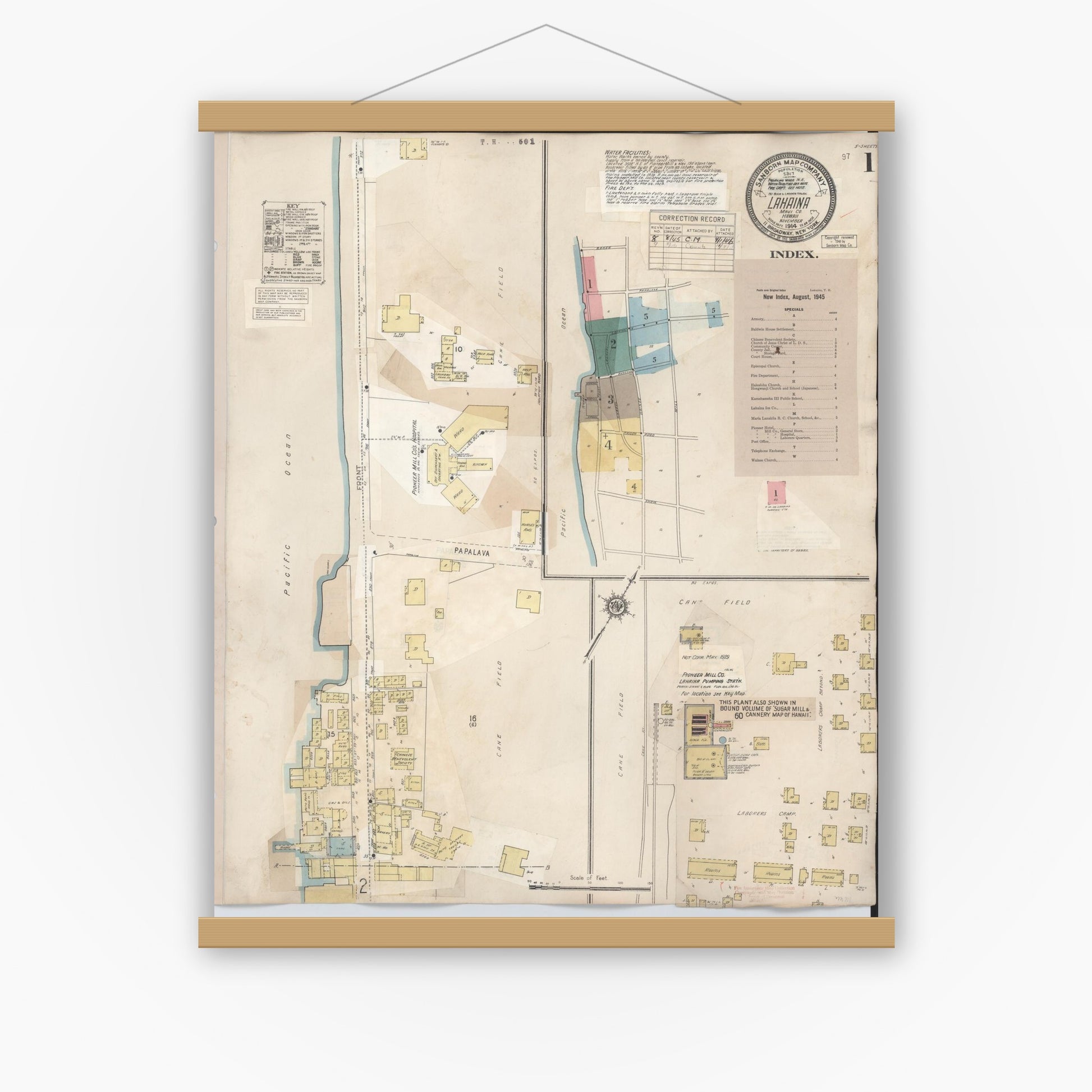 Old map wall art mockup — magnetic wood frame on white wall — Sanborn Fire Insurance Map from Lahaina, Maui County, Hawaii (1950) - Complete Map Set