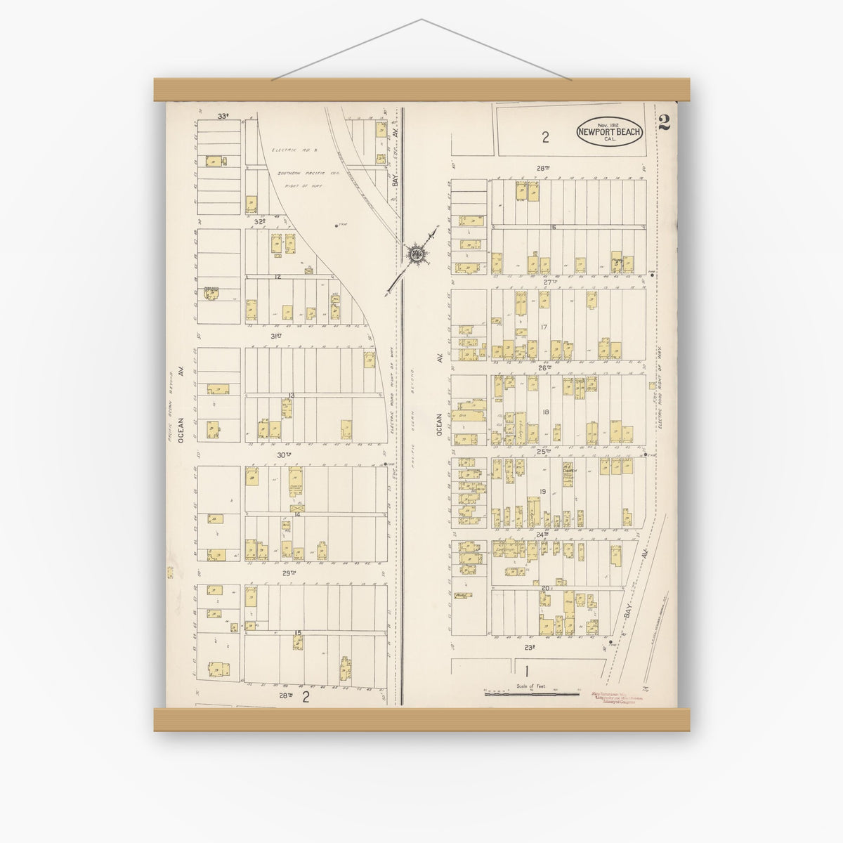 Old map wall art mockup — magnetic wood frame on white wall — Sanborn Fire Insurance Map from Newport Beach, Orange County, California (1912), Sheet #0002