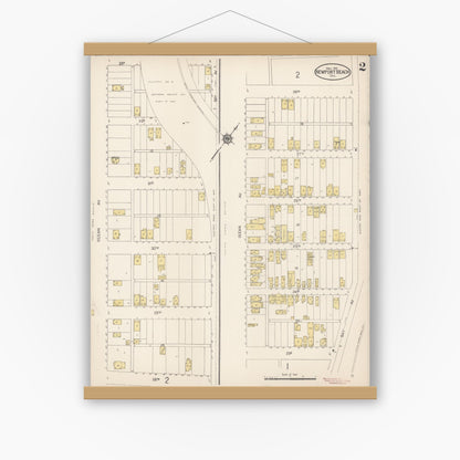 Old map wall art mockup — magnetic wood frame on white wall — Sanborn Fire Insurance Map from Newport Beach, Orange County, California (1912), Sheet #0002